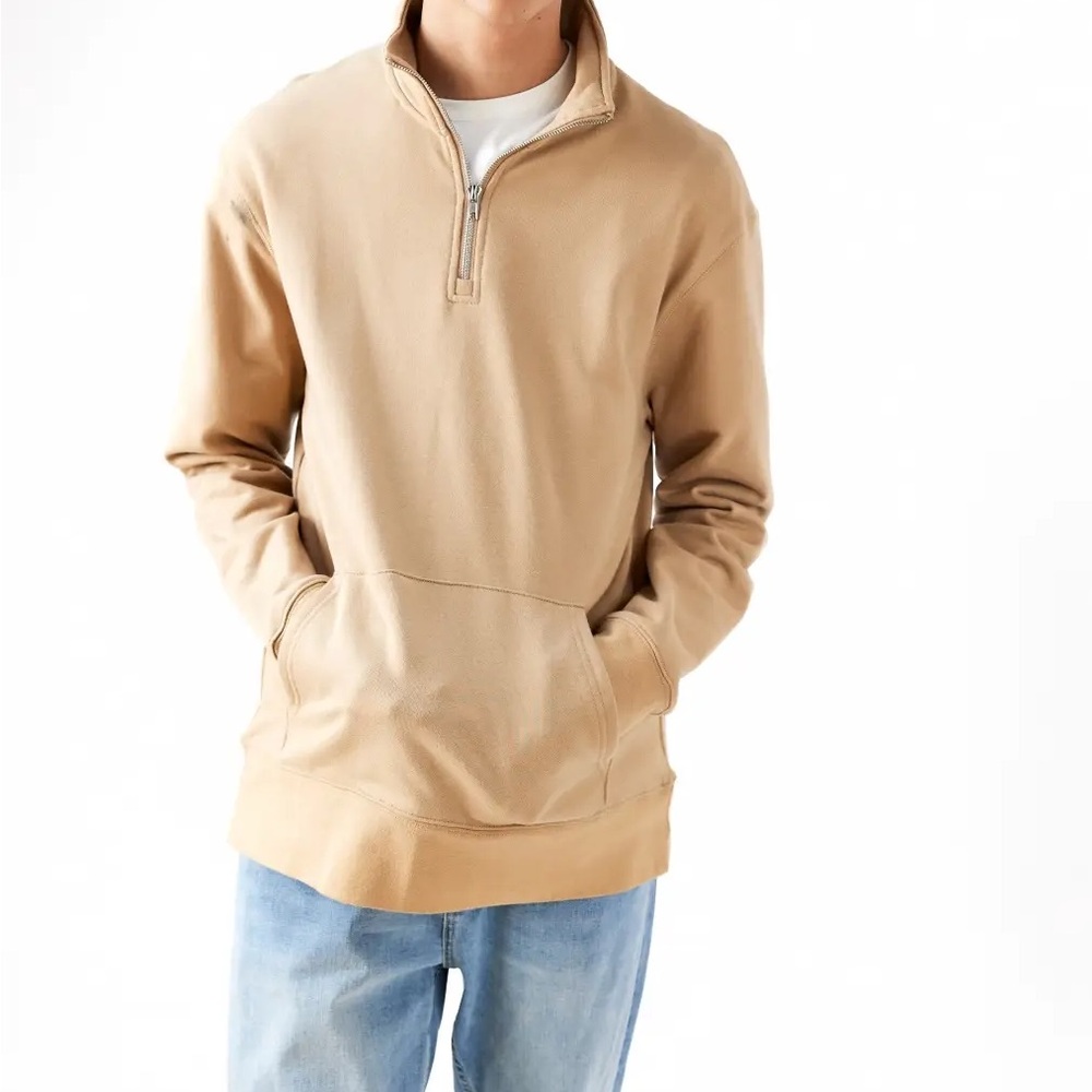 Men’s 1/4 Zipper‎ Pullover Sweater Large Tan Front Pocket Collar Sweatshirt New